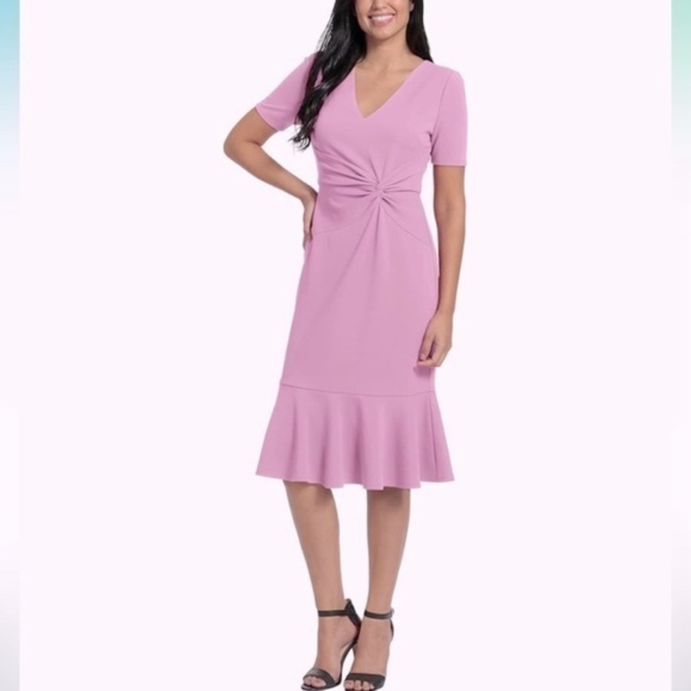 London Times V-Neck Twist Waist Flounce Hem Midi Dress in Orchid Size 6P